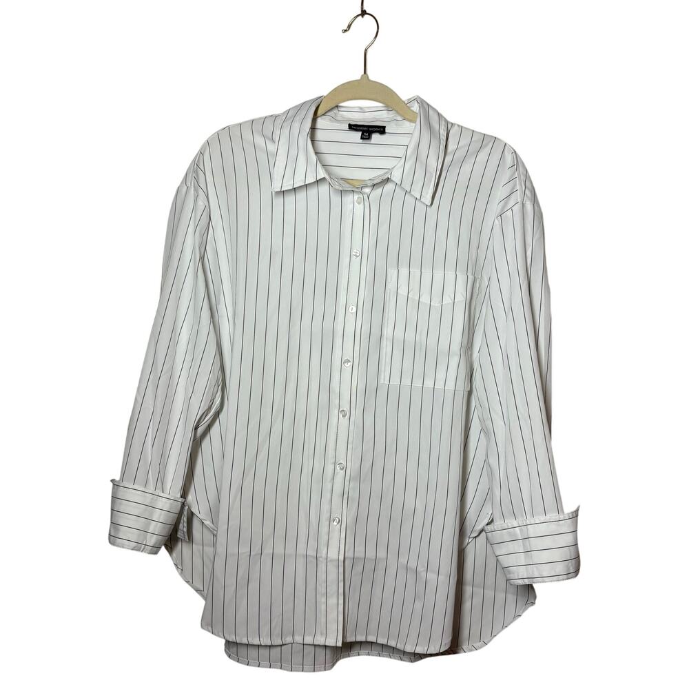 Modern Works Top Women M White Black Stripe Button Up Minimal Career Modest Prep